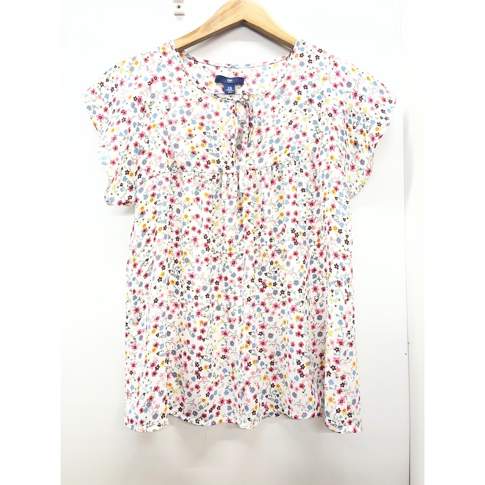 Gap Womens XS Floral Babydoll Blouse Short Flutter Sleeve Tie Neck White Multi